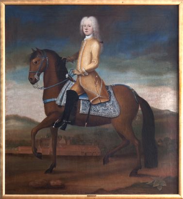 Den 11-årige Jørgen Scheel til hest foran Gammel Estrup, som han arvede blot to år senere. Malet af Gustavus von Lode, 1729.