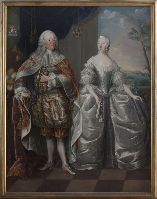 Dobbeltportræt af Jørgen Scheel og hans anden hustru, Charlotte von Plessen. Jørgen Scheel er iført Dannebrogriddernes ordensdragt. Malet af Andreas Brünniche, 1753.