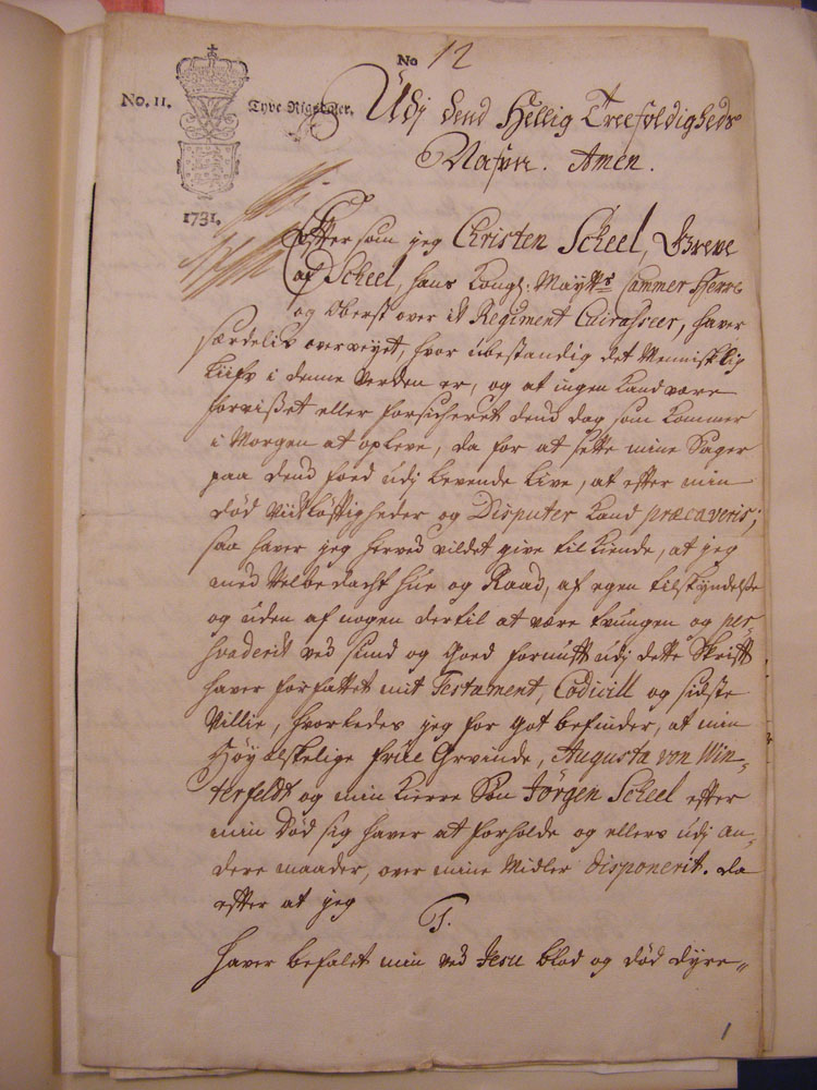 Christen greve Scheels testamente fra 1731.