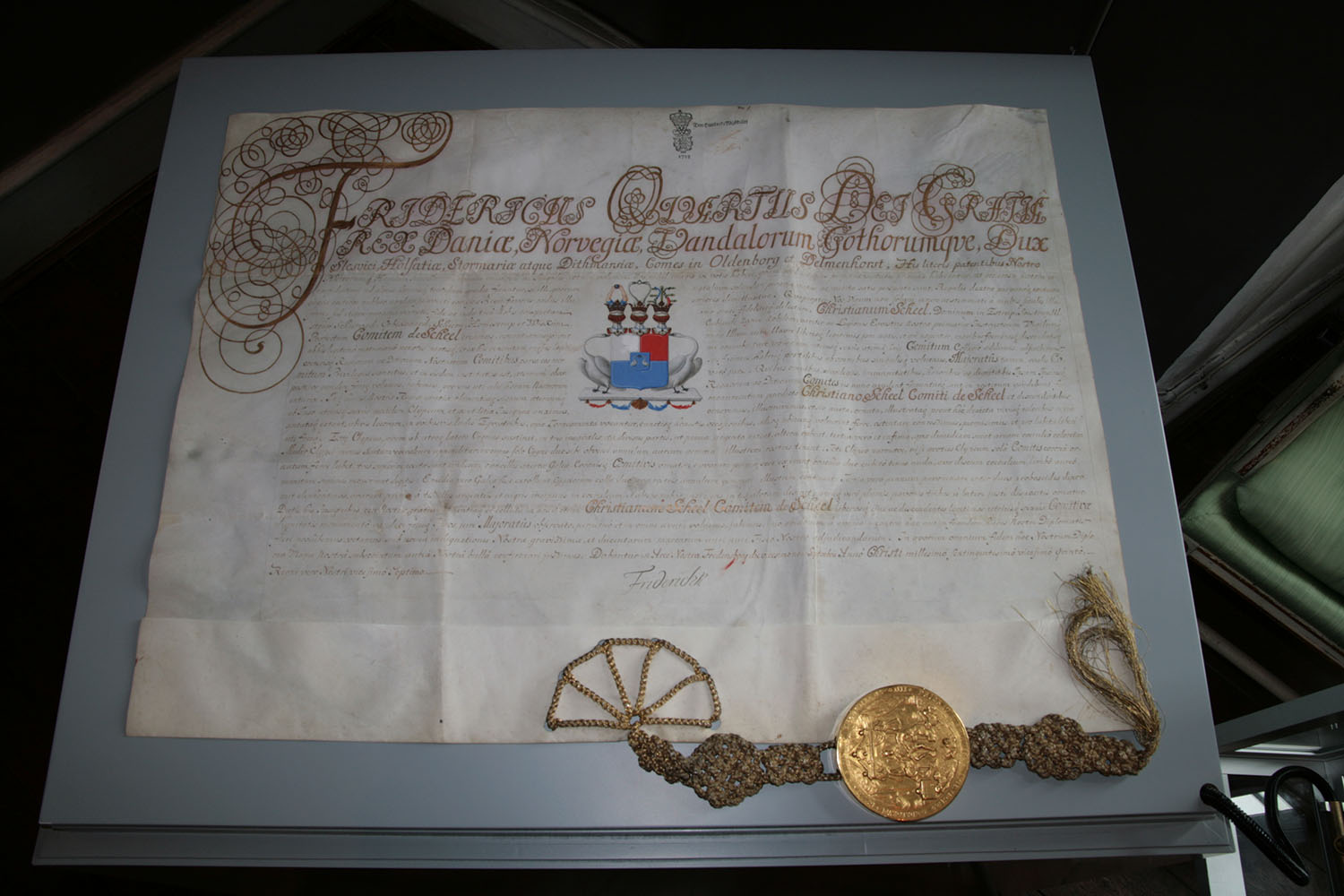 Grevepatentet for grevskabet Scheel. Oprettet 1725 af Jørgen Scheels oldefar, Christen Scheel.